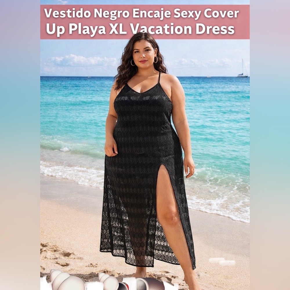 Elegant Black Lace Beach Cover-Up Dress XL Sexy Summer Vacation
